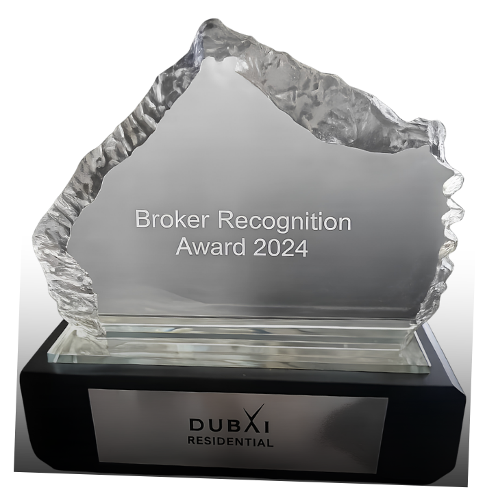 Broker Recognition Award 2024 trophy from Dubai Residential